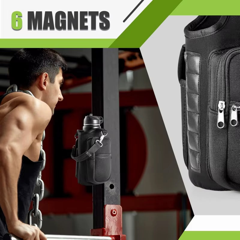 Magnetic Water Bottle Holder with Phone Pocket and Shoulder Strap - Features 6 Built-In Magnets for Secure Carrying
