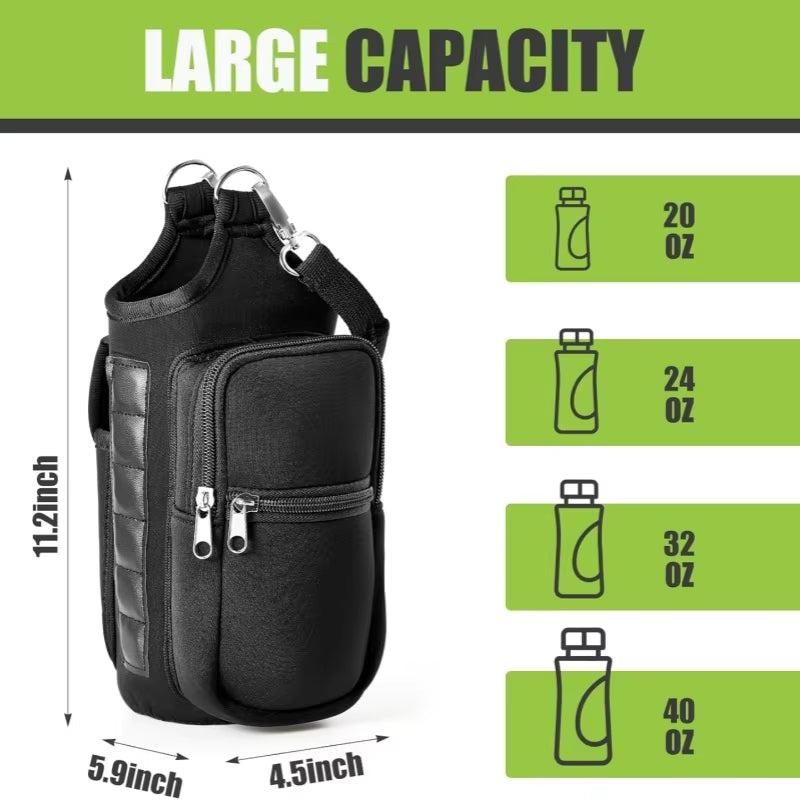 Magnetic Water Bottle Holder with Phone Pocket and Shoulder Strap - Features 6 Built-In Magnets for Secure Carrying
