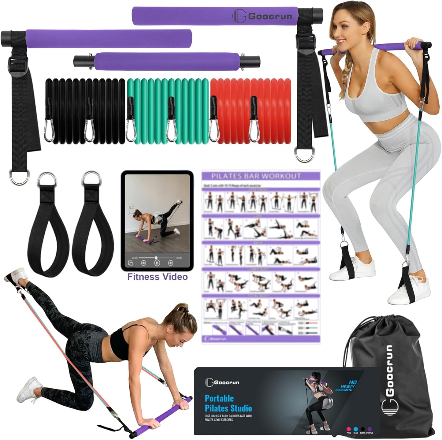 Portable Pilates Bar Kit with Resistance Bands for Comprehensive Full-Body Workouts - Includes 3 Resistance Bands, Fitness Poster, and Instructional Video for Home Use