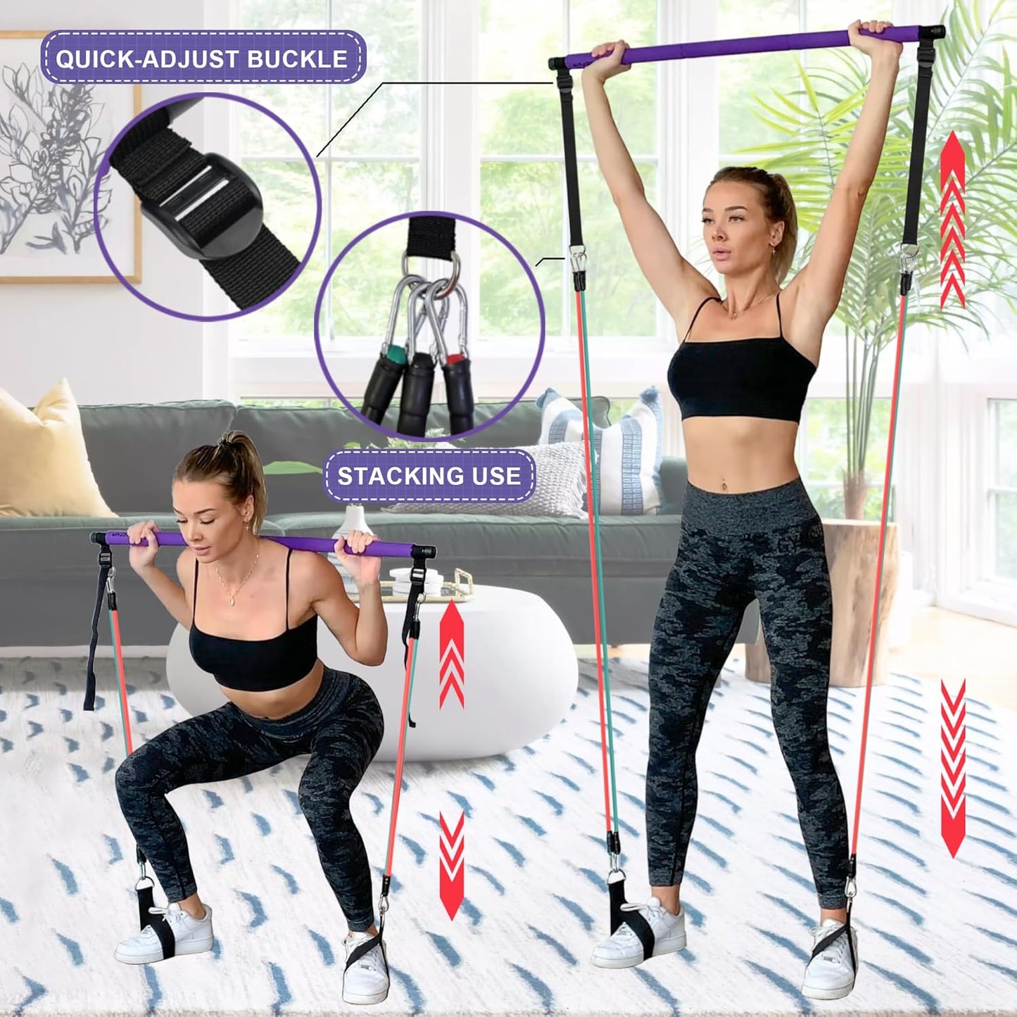 Portable Pilates Bar Kit with Resistance Bands for Comprehensive Full-Body Workouts - Includes 3 Resistance Bands, Fitness Poster, and Instructional Video for Home Use