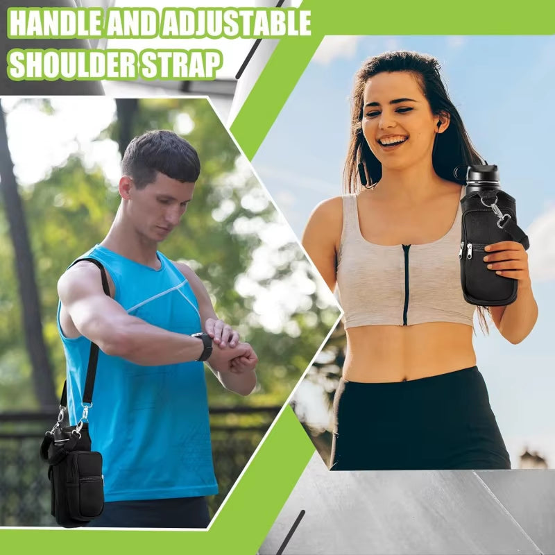 Magnetic Water Bottle Holder with Phone Pocket and Shoulder Strap - Features 6 Built-In Magnets for Secure Carrying