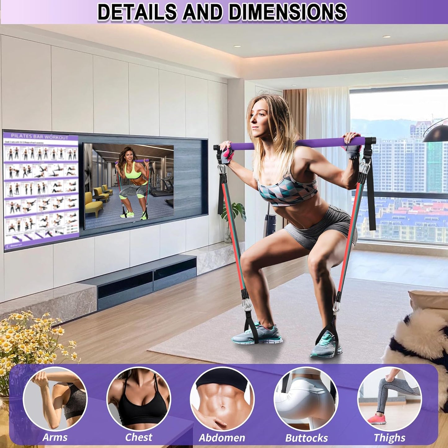 Portable Pilates Bar Kit with Resistance Bands for Comprehensive Full-Body Workouts - Includes 3 Resistance Bands, Fitness Poster, and Instructional Video for Home Use