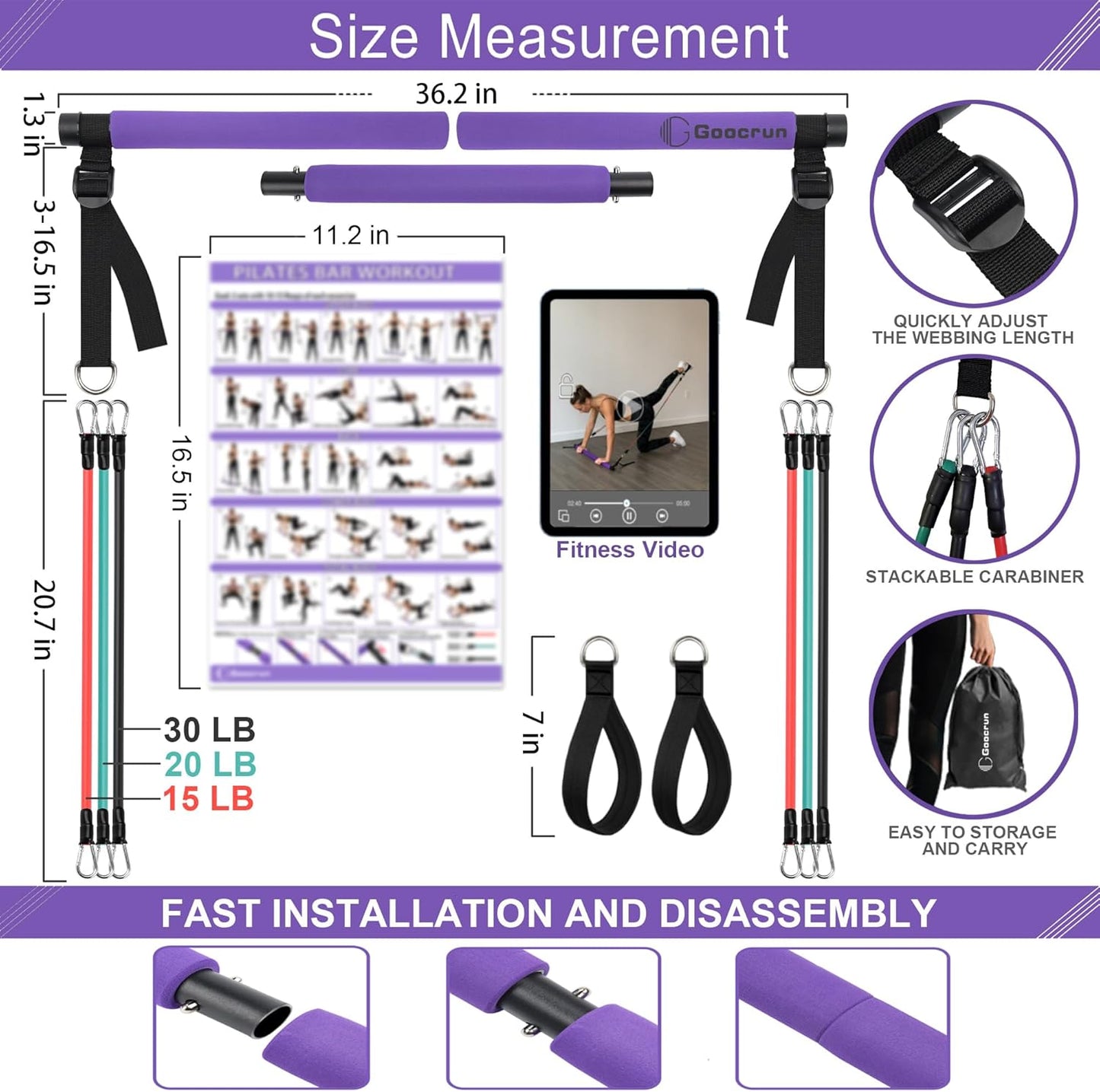 Portable Pilates Bar Kit with Resistance Bands for Comprehensive Full-Body Workouts - Includes 3 Resistance Bands, Fitness Poster, and Instructional Video for Home Use