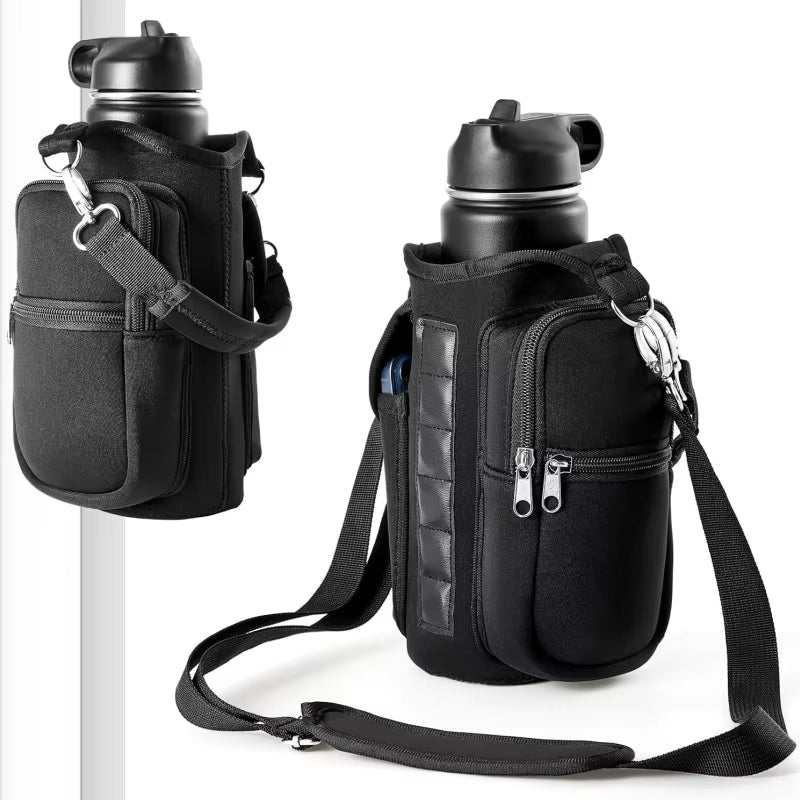Magnetic Water Bottle Holder with Phone Pocket and Shoulder Strap - Features 6 Built-In Magnets for Secure Carrying