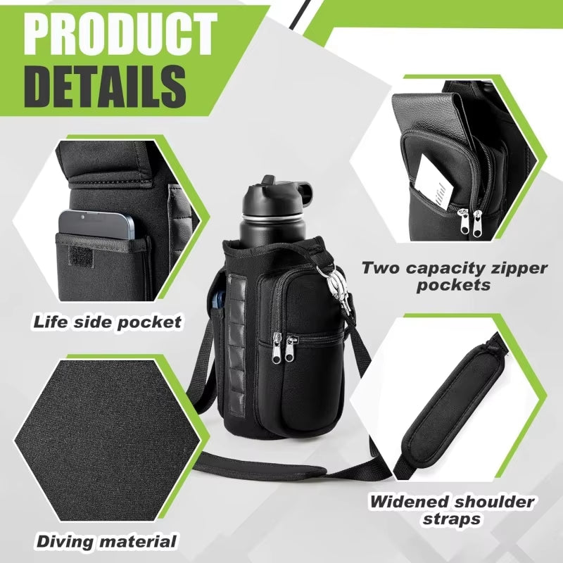 Magnetic Water Bottle Holder with Phone Pocket and Shoulder Strap - Features 6 Built-In Magnets for Secure Carrying