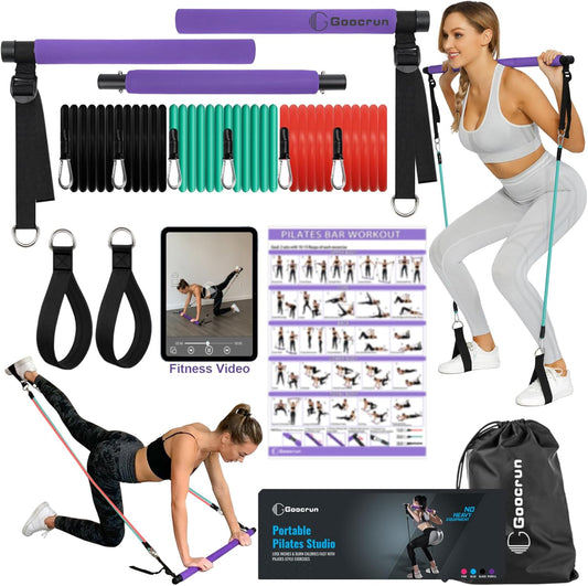 Portable Pilates Bar Kit with Resistance Bands for Comprehensive Full-Body Workouts - Includes 3 Resistance Bands, Fitness Poster, and Instructional Video for Home Use