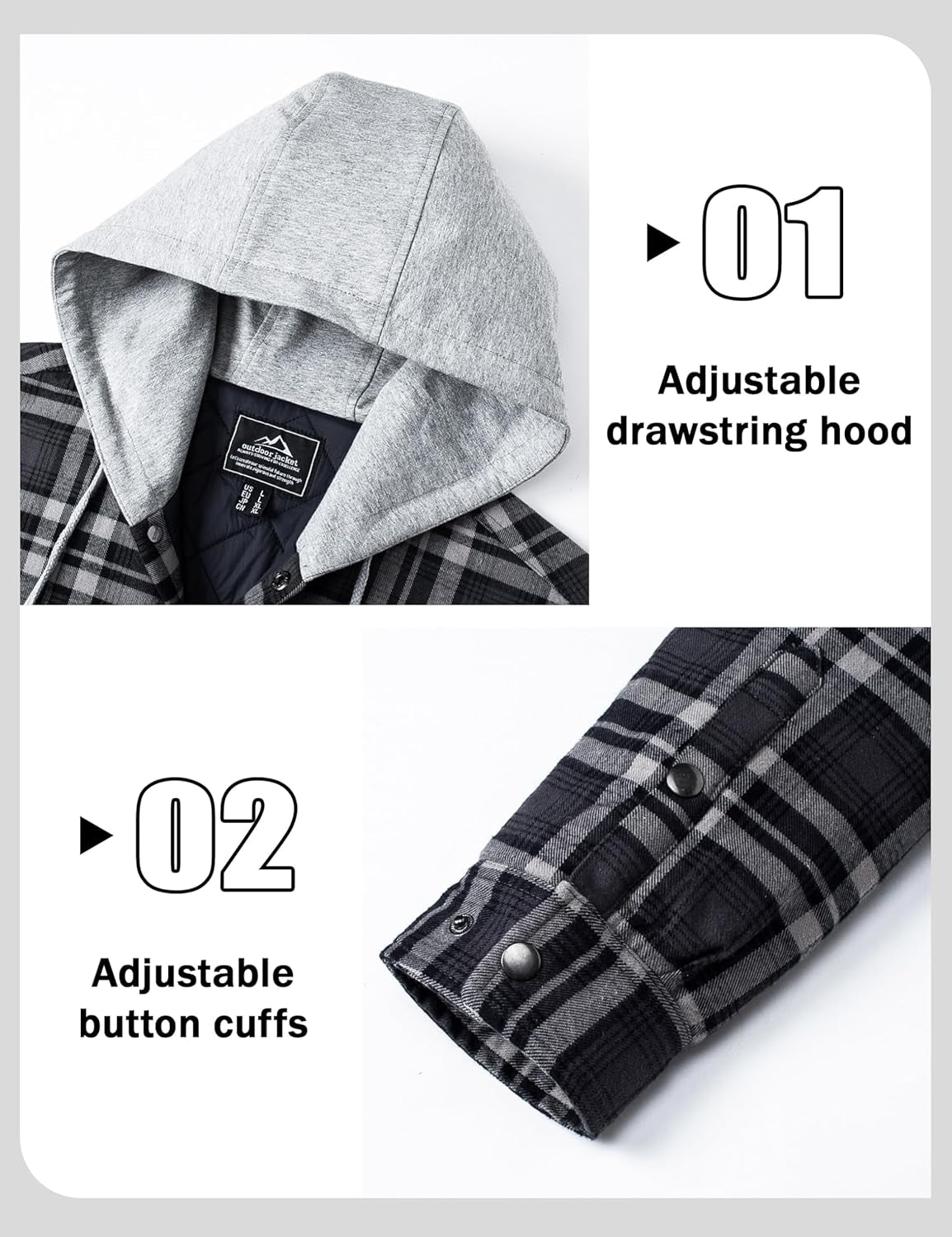 Men's Quilted Flannel Hoodie Jacket with Lined Cotton, Long Sleeve Plaid Shacket