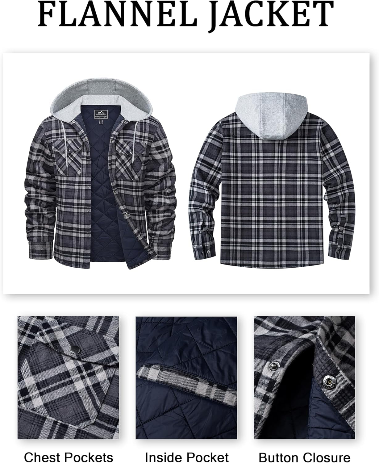 Men's Quilted Flannel Hoodie Jacket with Lined Cotton, Long Sleeve Plaid Shacket