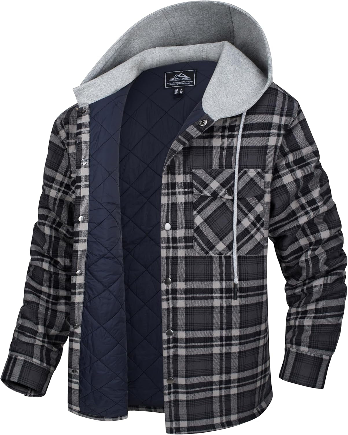 Men's Quilted Flannel Hoodie Jacket with Lined Cotton, Long Sleeve Plaid Shacket