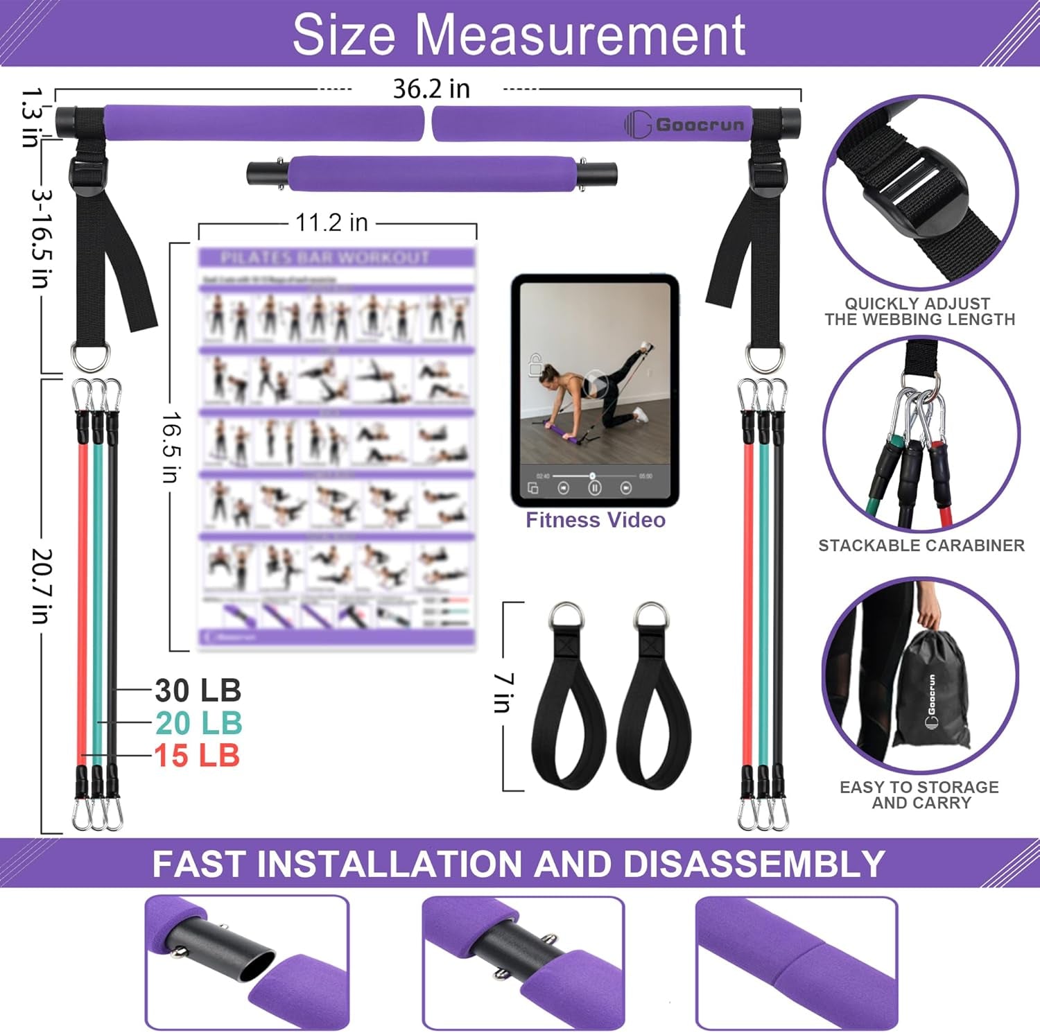 Portable Pilates Bar Kit with Resistance Bands for Comprehensive Full-Body Workouts - Includes 3 Resistance Bands, Fitness Poster, and Instructional Video for Home Use