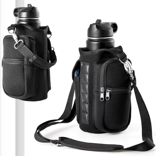 Magnetic Water Bottle Holder with Phone Pocket and Shoulder Strap - Features 6 Built-In Magnets for Secure Carrying