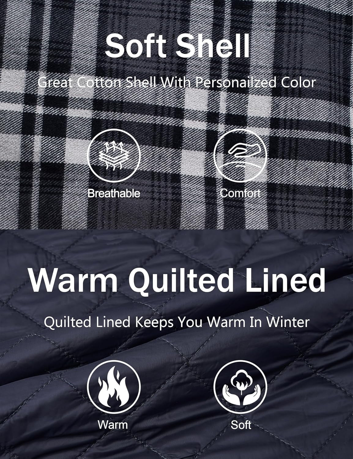 Men's Quilted Flannel Hoodie Jacket with Lined Cotton, Long Sleeve Plaid Shacket